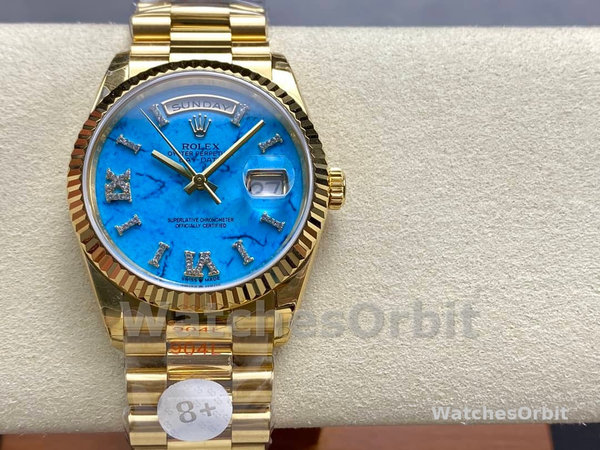 Replica Rolex Day-Date 36mm voor heren-128238 Geribbelde lunette-Turkoois Diamanten Wijzerplaat Turquoise