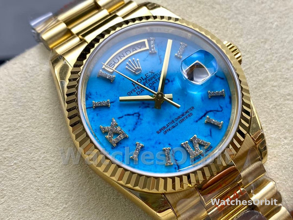 Replica Rolex Day-Date 36mm voor heren-128238 Geribbelde lunette-Turkoois Diamanten Wijzerplaat Turquoise
