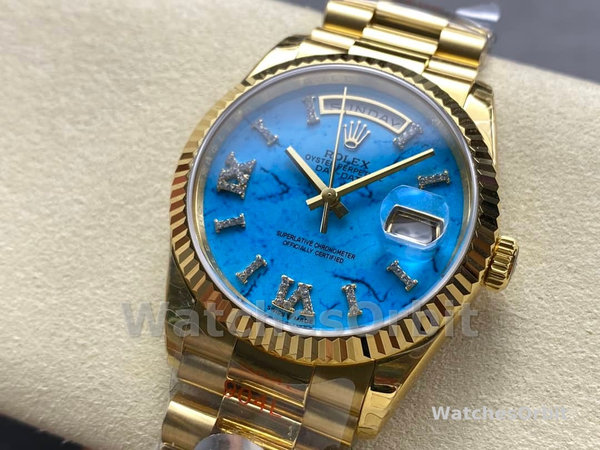 Replica Rolex Day-Date 36mm voor heren-128238 Geribbelde lunette-Turkoois Diamanten Wijzerplaat Turquoise