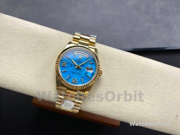 Replica Rolex Day-Date 36mm voor heren-128238 Geribbelde lunette-Turkoois Diamanten Wijzerplaat Turquoise
