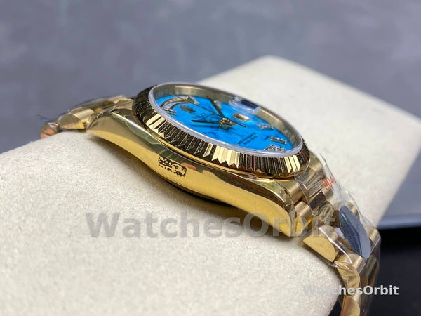 Replica Rolex Day-Date 36mm voor heren-128238 Geribbelde lunette-Turkoois Diamanten Wijzerplaat Turquoise