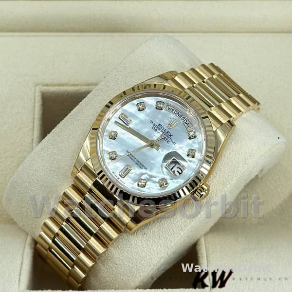 Replica Rolex Day-Date 36mm Unisex-128238 Geribbelde lunette-Wit MOP Wijzerplaat MOP