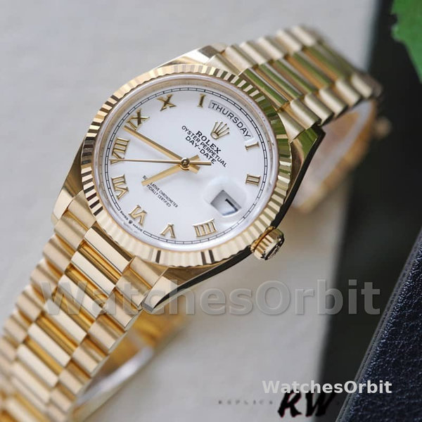 Replica Rolex Day-Date 36mm unisex-128238 Geribbelde lunette-Witte Romeinse wijzerplaat Wit