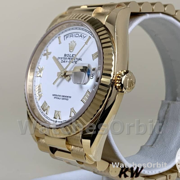 Replica Rolex Day-Date 36mm unisex-128238 Geribbelde lunette-Witte Romeinse wijzerplaat Wit