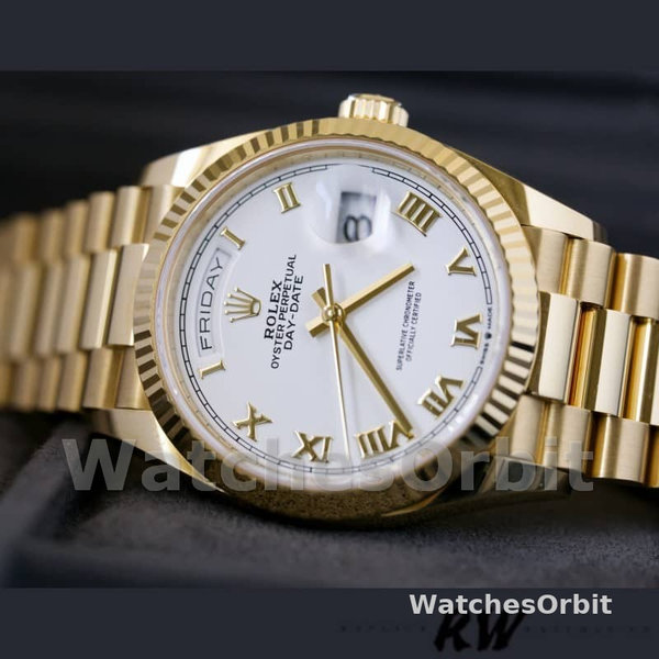 Replica Rolex Day-Date 36mm unisex-128238 Geribbelde lunette-Witte Romeinse wijzerplaat Wit