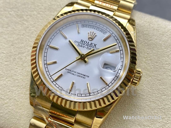 Replica Rolex Day-Date 36mm unisex-128238 Geribbelde lunette-Witte Romeinse wijzerplaat Wit