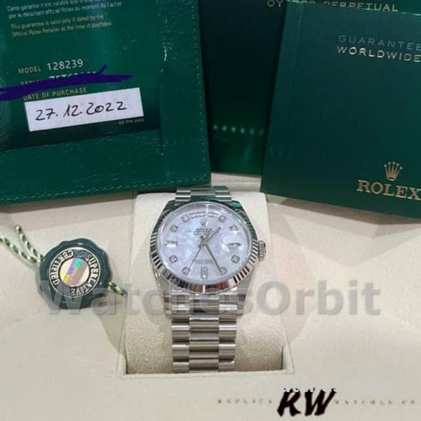 Replica Rolex Day-Date 36mm unisex-128239-Wit goud-Parelmoer wijzerplaat MOP