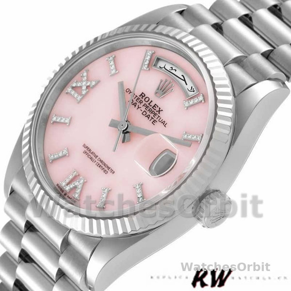 Replica Rolex Day-Date 36mm Unisex-128239-Witgoud-Roze Opaal Wijzerplaat Luxe