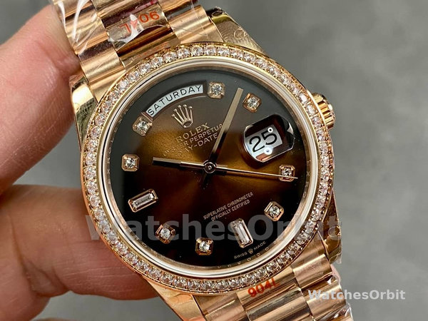 Replica Rolex Day-Date 36mm Unisex-128345RBR-Bruin Ombre Dial-Everose Gold Brown