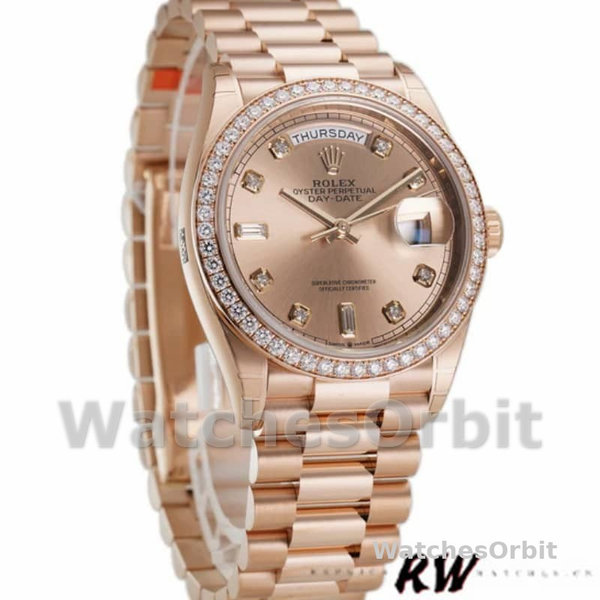 Replica Rolex Day-Date 36mm voor heren-128345RBR-Champagne Rose Dial-Evergoud Champagne Rose