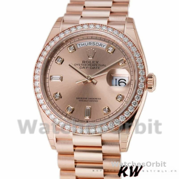 Replica Rolex Day-Date 36mm voor heren-128345RBR-Champagne Rose Dial-Evergoud Champagne Rose