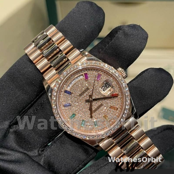 Replique Rolex Day-Date 36mm Unisex-128345RBR-Diamond Paved Dial-Everose Gold Diamond Paved
