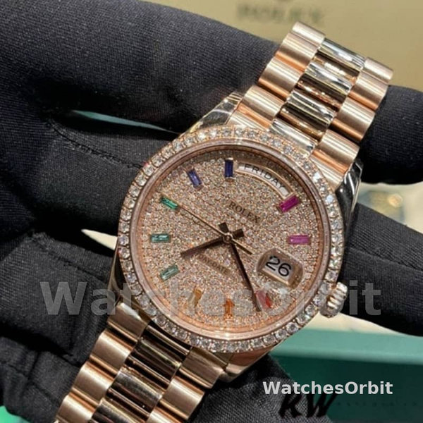 Replique Rolex Day-Date 36mm Unisex-128345RBR-Diamond Paved Dial-Everose Gold Diamond Paved