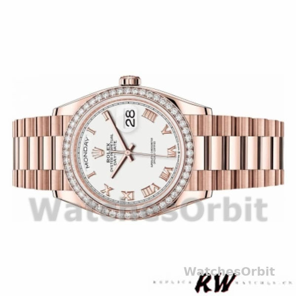 Replica Rolex Day-Date 36mm unisex-128345RBR-Witte wijzerplaat-Evergoud wit