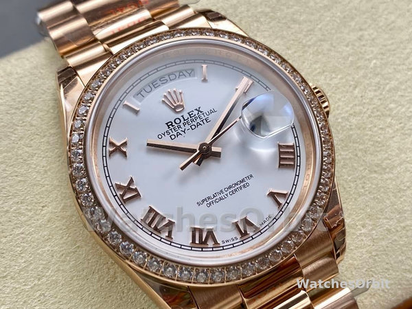 Replica Rolex Day-Date 36mm unisex-128345RBR-Witte wijzerplaat-Evergoud wit