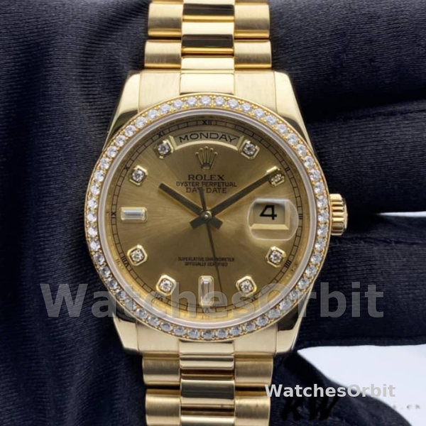 Replica Rolex Day-Date 36mm unisex-128348RBR-Champagne Diamond Dial-Geel Goud