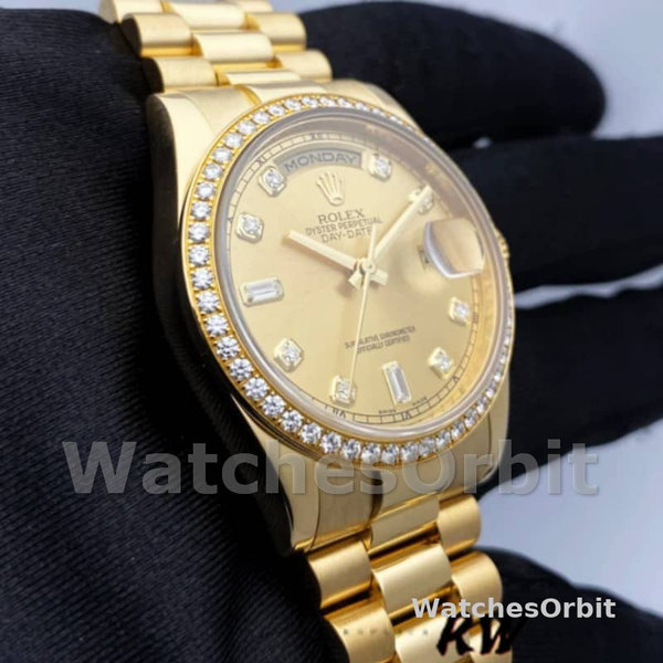Replica Rolex Day-Date 36mm unisex-128348RBR-Champagne Diamond Dial-Geel Goud