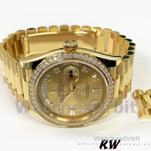 Replica Rolex Day-Date 36mm unisex-128348RBR-Champagne Diamond Dial-Geel Goud