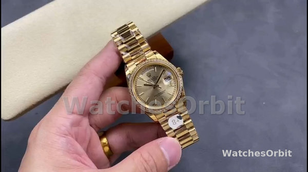 Replica Rolex Day-Date 36mm Unisex-128348RBR-Champagne Index Dial-Geel Goud