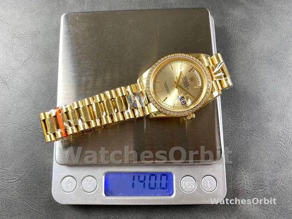 Replica Rolex Day-Date 36mm Unisex-128348RBR-Champagne Index Dial-Geel Goud