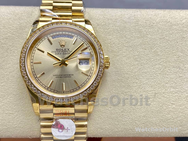 Replica Rolex Day-Date 36mm Unisex-128348RBR-Champagne Index Dial-Geel Goud