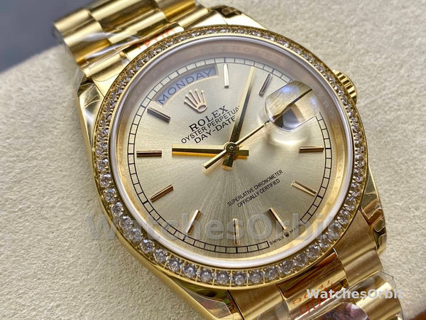Replica Rolex Day-Date 36mm Unisex-128348RBR-Champagne Index Dial-Geel Goud