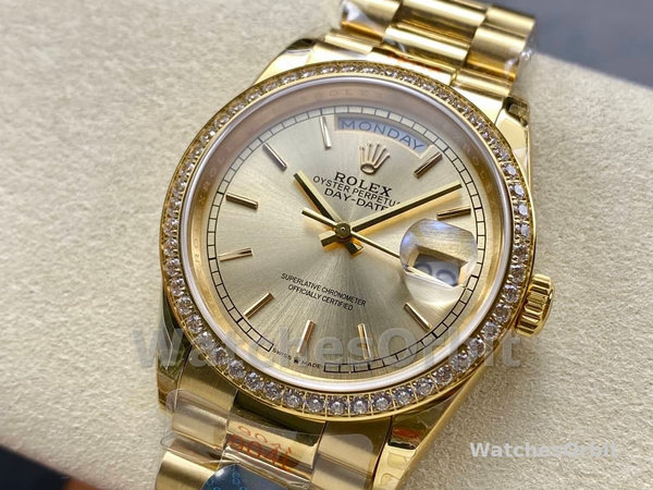 Replica Rolex Day-Date 36mm Unisex-128348RBR-Champagne Index Dial-Geel Goud