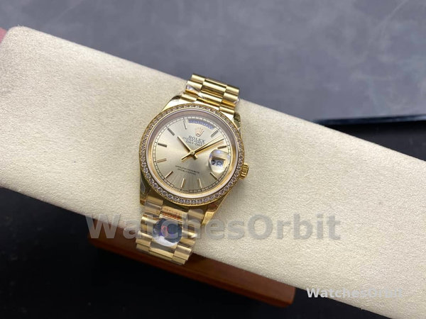 Replica Rolex Day-Date 36mm Unisex-128348RBR-Champagne Index Dial-Geel Goud