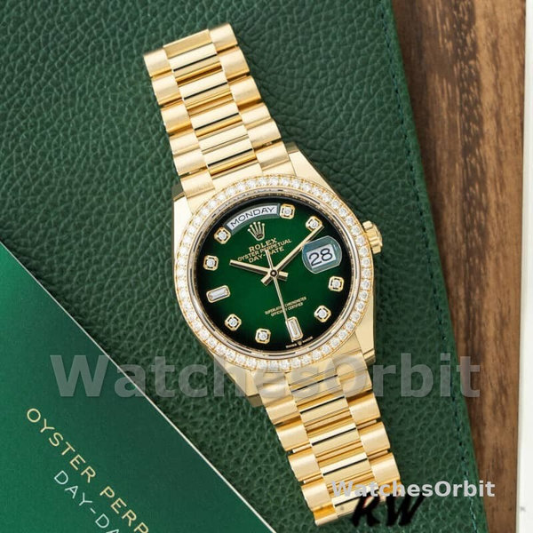 Replica Rolex Day-Date 36mm Unisex-128348RBR-Green Ombre Diamond Dial-Geel Gold Green Ombre