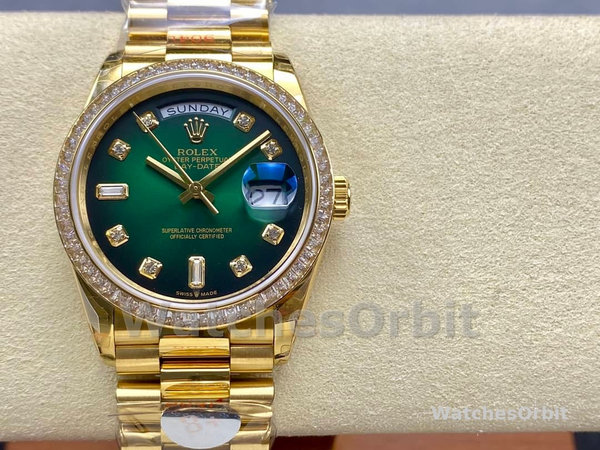 Replica Rolex Day-Date 36mm Unisex-128348RBR-Green Ombre Diamond Dial-Geel Gold Green Ombre