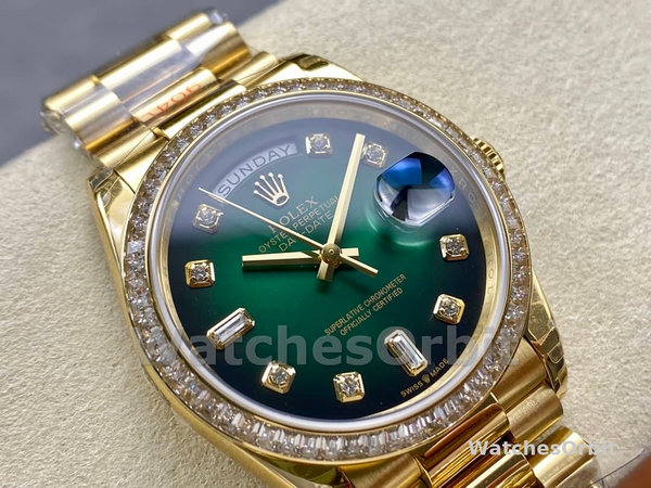 Replica Rolex Day-Date 36mm Unisex-128348RBR-Green Ombre Diamond Dial-Geel Gold Green Ombre