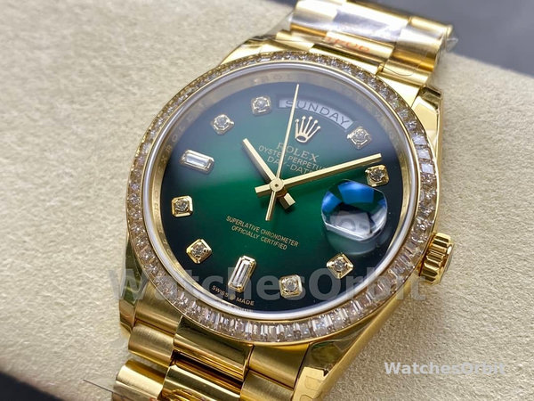 Replica Rolex Day-Date 36mm Unisex-128348RBR-Green Ombre Diamond Dial-Geel Gold Green Ombre
