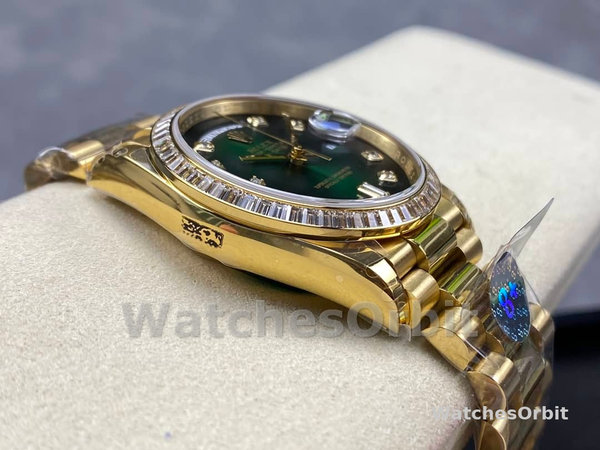 Replica Rolex Day-Date 36mm Unisex-128348RBR-Green Ombre Diamond Dial-Geel Gold Green Ombre