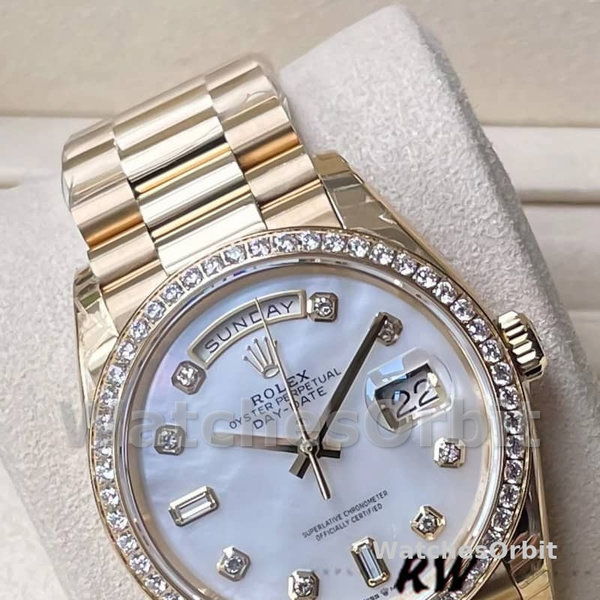 Replica Rolex Day-Date 36mm Unisex-128348RBR-MOP Wijzerplaat-Geel Goud MOP