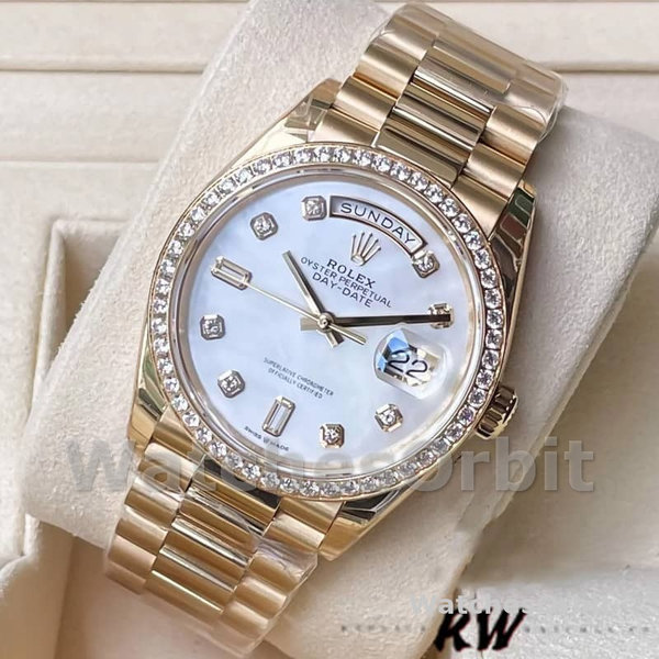 Replica Rolex Day-Date 36mm Unisex-128348RBR-MOP Wijzerplaat-Geel Goud MOP