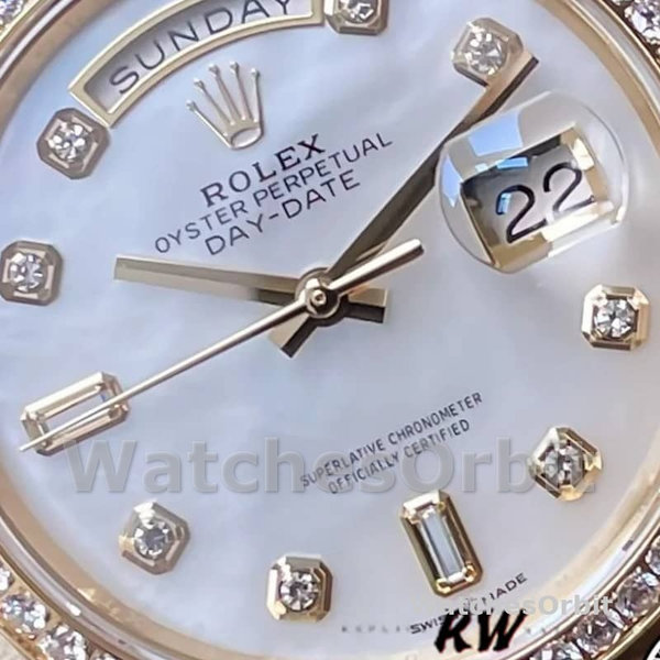 Replica Rolex Day-Date 36mm Unisex-128348RBR-MOP Wijzerplaat-Geel Goud MOP