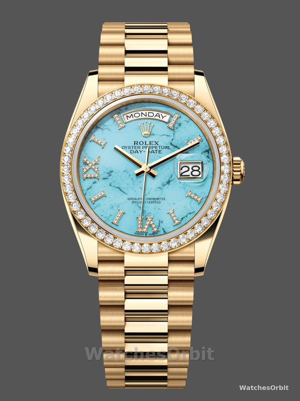 Rolex Day-Date 128348RBR Turquoise Diamond Dial Yellow Gold 36MM Unisex Replica Watch