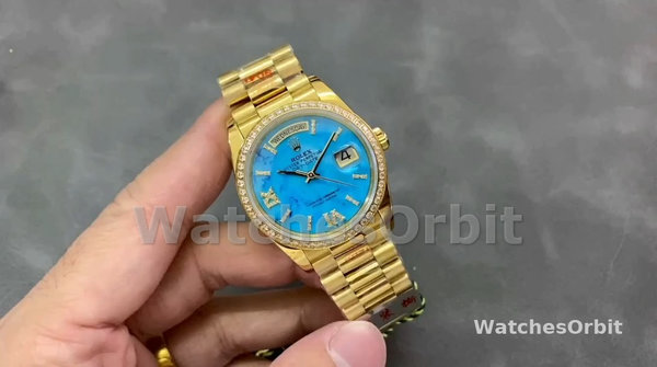 Replica Rolex Day-Date 36mm Unisex-128348RBR-Turquoise Diamond Dial-Geel Goud Turquoise