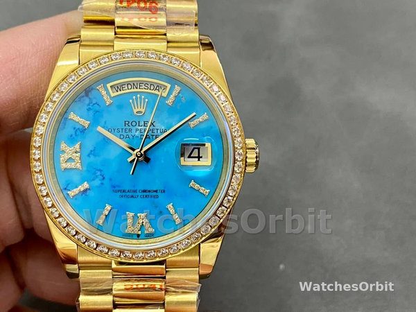 Replica Rolex Day-Date 36mm Unisex-128348RBR-Turquoise Diamond Dial-Geel Goud Turquoise