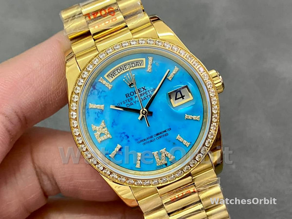 Replica Rolex Day-Date 36mm Unisex-128348RBR-Turquoise Diamond Dial-Geel Goud Turquoise