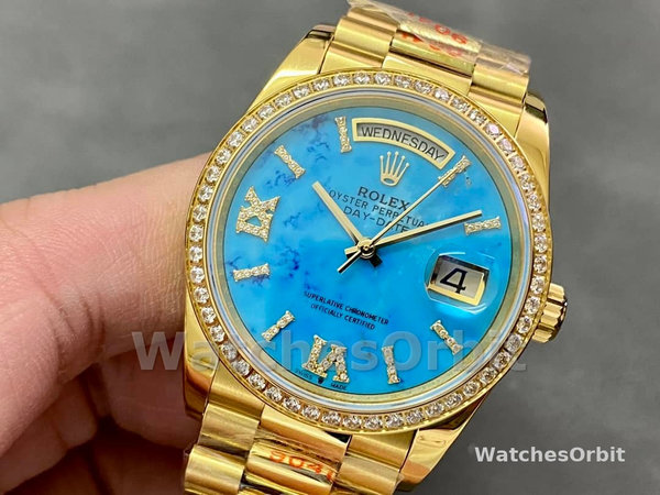Replica Rolex Day-Date 36mm Unisex-128348RBR-Turquoise Diamond Dial-Geel Goud Turquoise