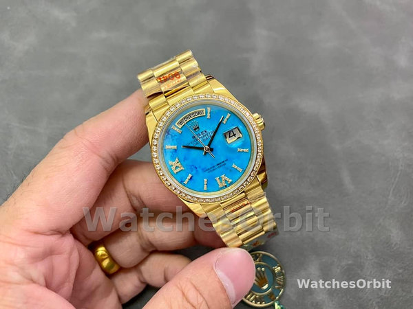 Replica Rolex Day-Date 36mm Unisex-128348RBR-Turquoise Diamond Dial-Geel Goud Turquoise