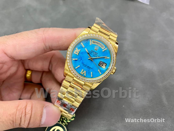 Replica Rolex Day-Date 36mm Unisex-128348RBR-Turquoise Diamond Dial-Geel Goud Turquoise