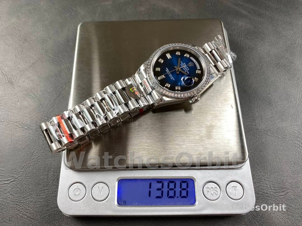 Replica Rolex Day-Date 36mm unisex-128349RBR 0010-Blauwe ombre wijzerplaat-diamanten ring blauw