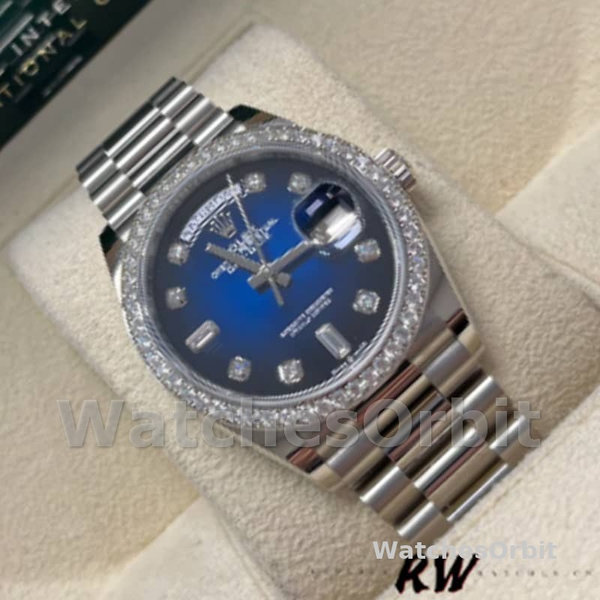 Replica Rolex Day-Date 36mm unisex-128349RBR 0010-Blauwe ombre wijzerplaat-diamanten ring blauw