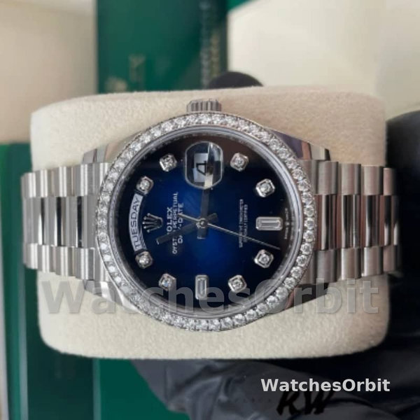 Replica Rolex Day-Date 36mm unisex-128349RBR 0010-Blauwe ombre wijzerplaat-diamanten ring blauw