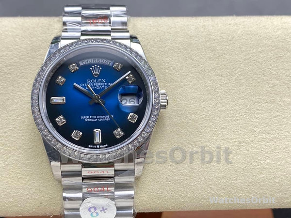 Replica Rolex Day-Date 36mm unisex-128349RBR 0010-Blauwe ombre wijzerplaat-diamanten ring blauw