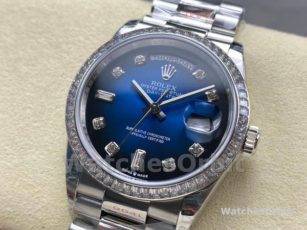 Replica Rolex Day-Date 36mm unisex-128349RBR 0010-Blauwe ombre wijzerplaat-diamanten ring blauw