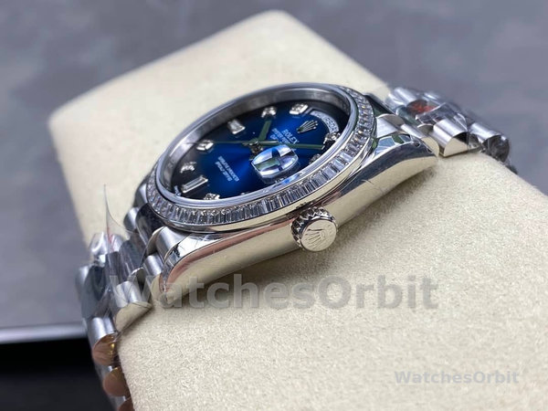 Replica Rolex Day-Date 36mm unisex-128349RBR 0010-Blauwe ombre wijzerplaat-diamanten ring blauw