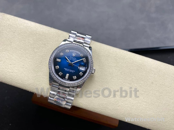 Replica Rolex Day-Date 36mm unisex-128349RBR 0010-Blauwe ombre wijzerplaat-diamanten ring blauw